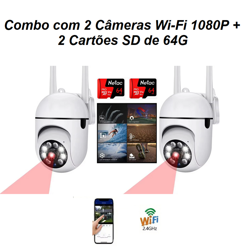 Combo 2 Câmeras Wi-Fi 1080P + 2 Cartões Micro SD 64GB - Frete Grátis e sem imposto
